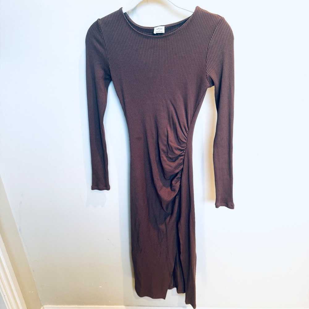 Wilfred Ribbed Midi Dress Ruched Long Sleeve Bodycon Brown XS